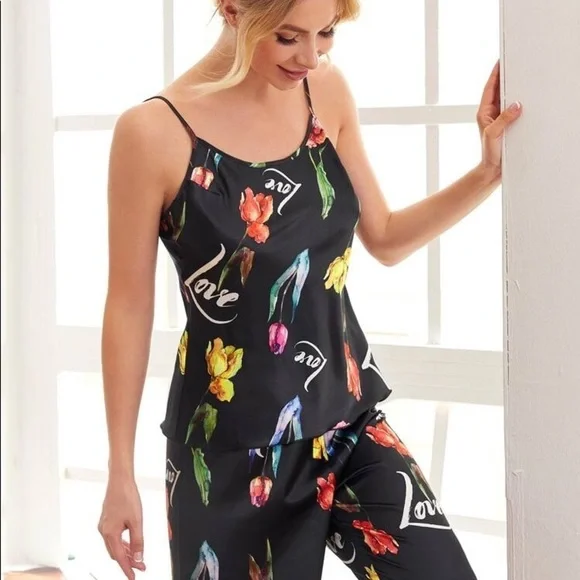 New Black Satin Silk-Like Cami Pajama Set - Picture 3 of 5